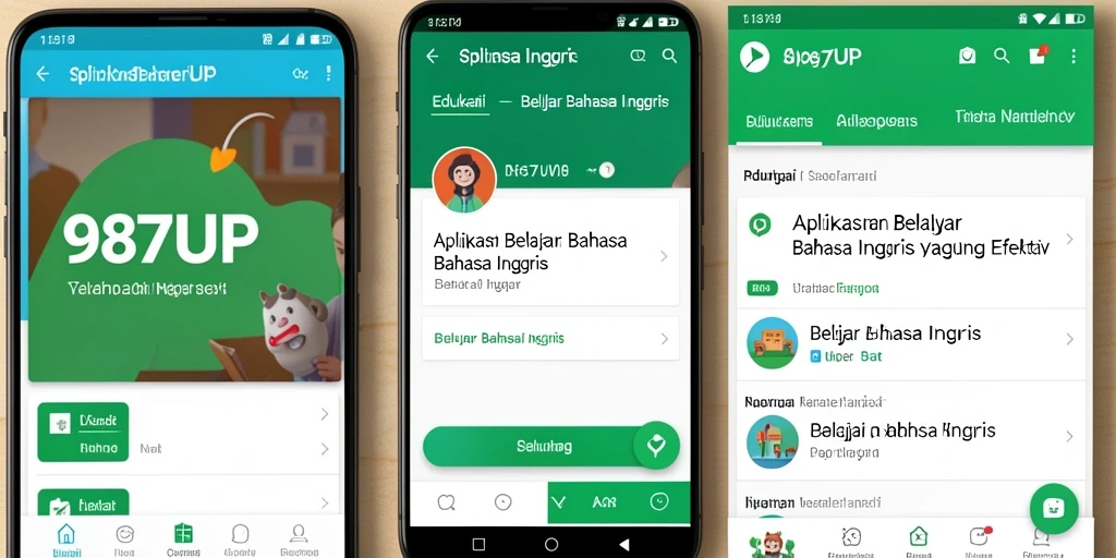 Tampilan antarmuka aplikasi 987UP untuk Belajar Bahasa Inggris.